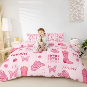 Cowgirl Boots 7 Pieces Bedding Set Queen,Western Tribal Horseshoe Cap Cowhide Print Bed in a Bag for Teens,Pink Butterfly Stars Daisy Flowers Graffiti Comforter Set with Sheets,Pillow Covers