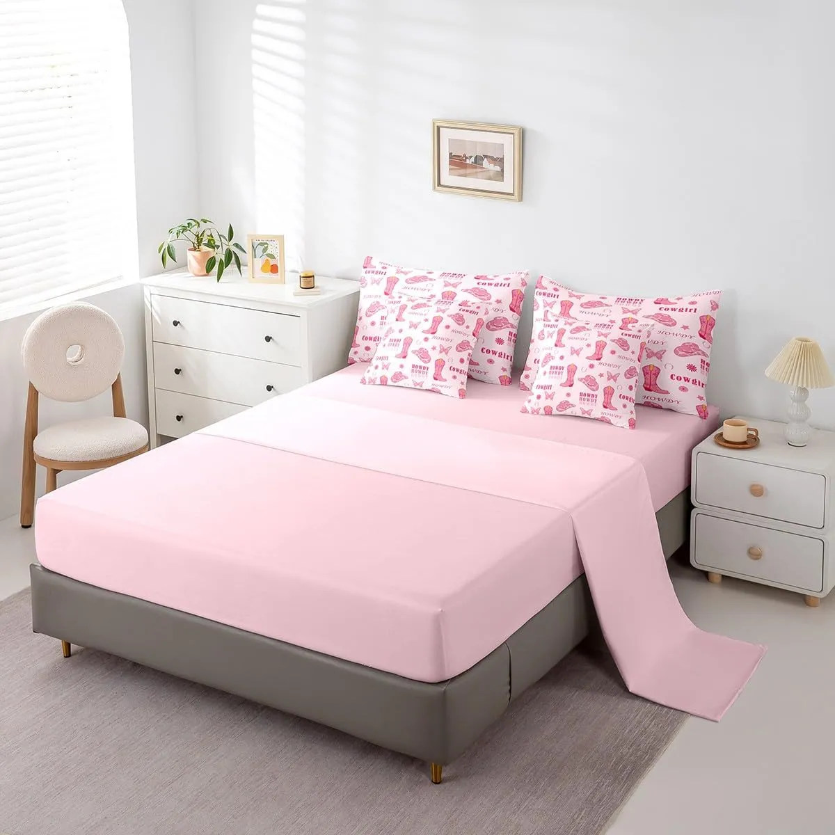 Cowgirl Boots 7 Pieces Bedding Set Queen,Western Tribal Horseshoe Cap Cowhide Print Bed in a Bag for Teens,Pink Butterfly Stars Daisy Flowers Graffiti Comforter Set with Sheets,Pillow Covers