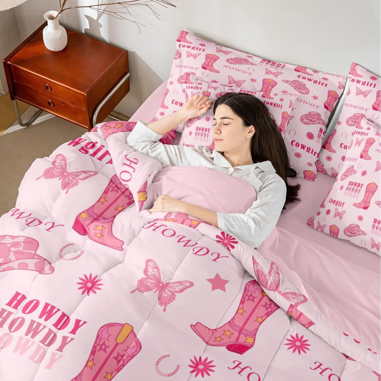 Cowgirl Boots 7 Pieces Bedding Set Queen,Western Tribal Horseshoe Cap Cowhide Print Bed in a Bag for Teens,Pink Butterfly Stars Daisy Flowers Graffiti Comforter Set with Sheets,Pillow Covers