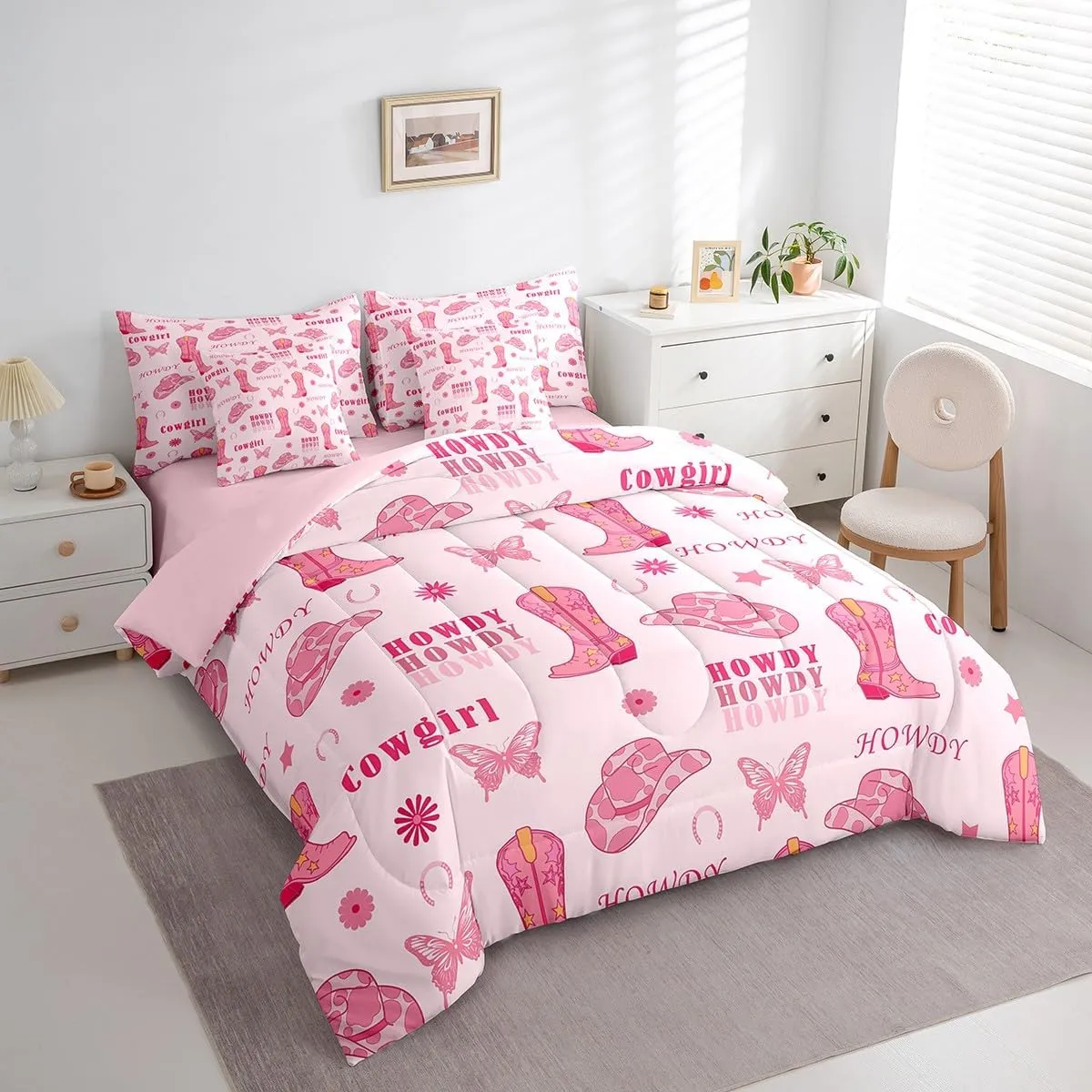 Cowgirl Boots 7 Pieces Bedding Set Queen,Western Tribal Horseshoe Cap Cowhide Print Bed in a Bag for Teens,Pink Butterfly Stars Daisy Flowers Graffiti Comforter Set with Sheets,Pillow Covers