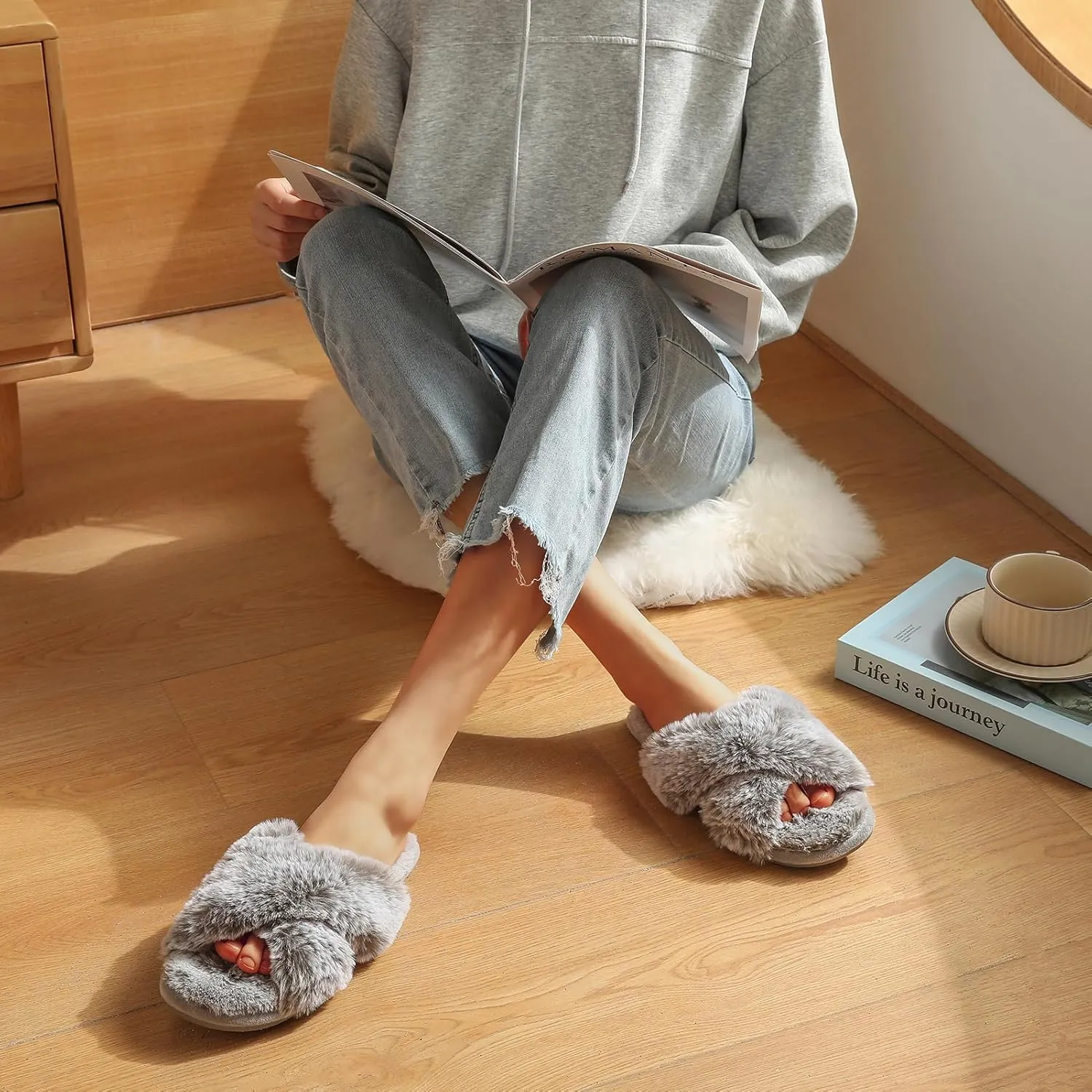 Cozyfurry Womens Cross Band Slippers Cozy Furry Fuzzy House Slippers Open Toe Fluffy Indoor Shoes Outdoor Slip on Warm Breathable Anti-skid Sole