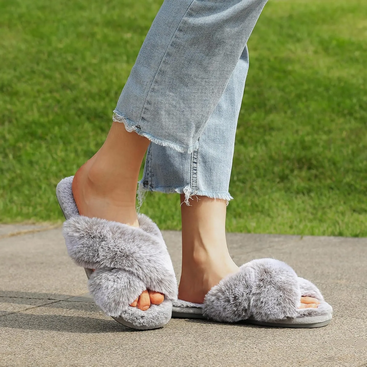 Cozyfurry Womens Cross Band Slippers Cozy Furry Fuzzy House Slippers Open Toe Fluffy Indoor Shoes Outdoor Slip on Warm Breathable Anti-skid Sole