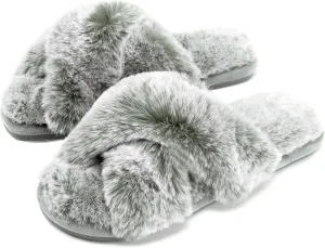 Cozyfurry Womens Cross Band Slippers Cozy Furry Fuzzy House Slippers Open Toe Fluffy Indoor Shoes Outdoor Slip on Warm Breathable Anti-skid Sole