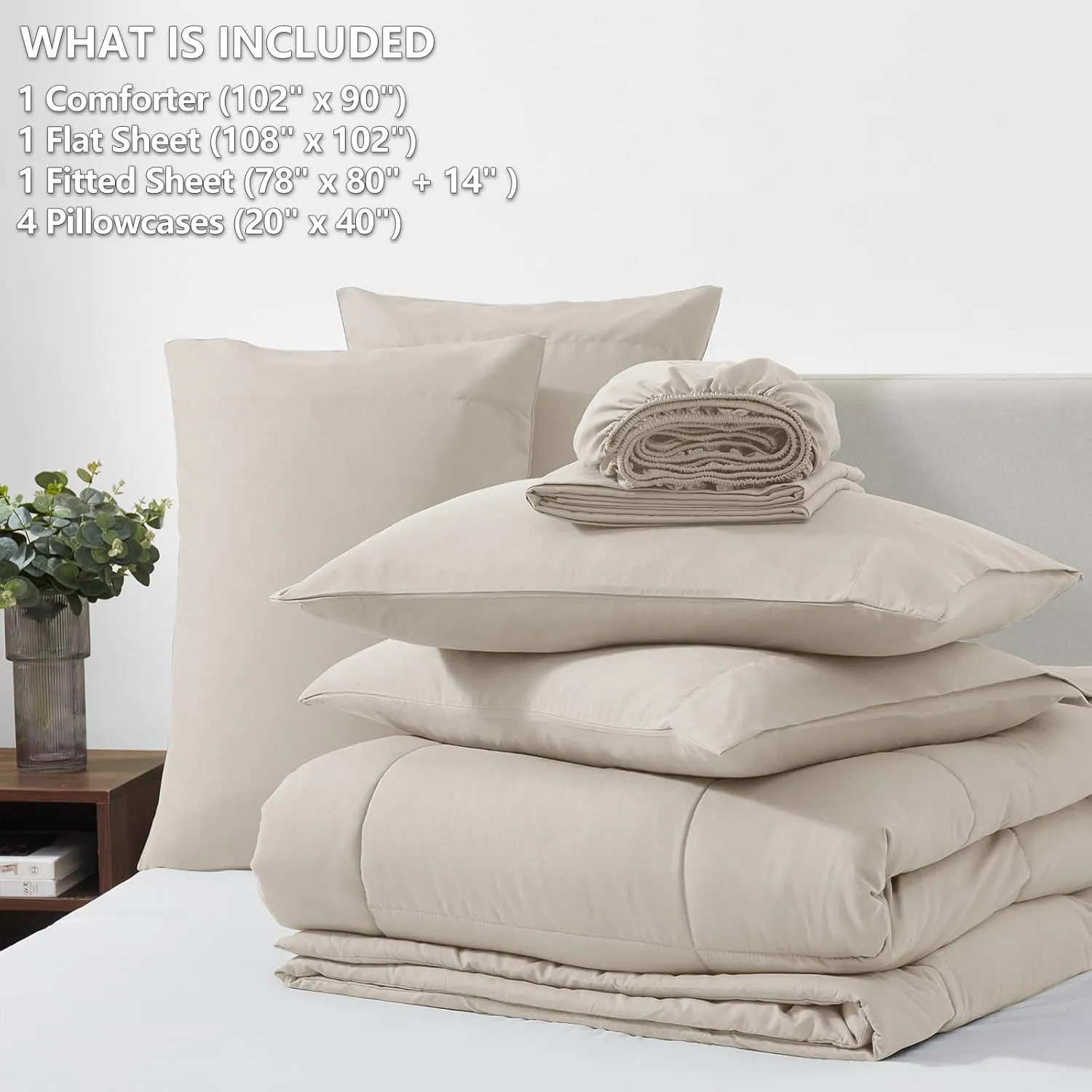 CozyLux King Size Comforter Set Beige, 7 Pieces Bed in a Bag, Beige Comforter King Size, All Season Bedding Sets with Stitch Quilted Comforter, Flat Sheet, Fitted Sheet, Pillowcases