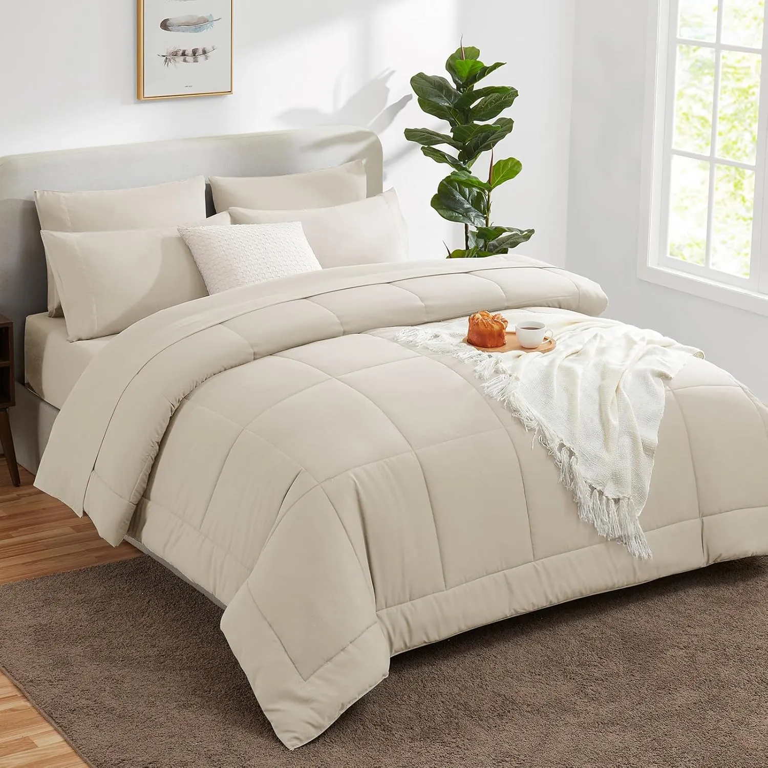 CozyLux King Size Comforter Set Beige, 7 Pieces Bed in a Bag, Beige Comforter King Size, All Season Bedding Sets with Stitch Quilted Comforter, Flat Sheet, Fitted Sheet, Pillowcases