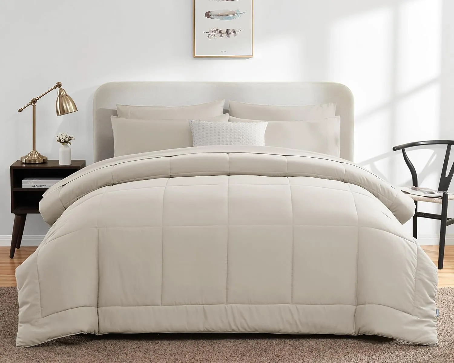 CozyLux King Size Comforter Set Beige, 7 Pieces Bed in a Bag, Beige Comforter King Size, All Season Bedding Sets with Stitch Quilted Comforter, Flat Sheet, Fitted Sheet, Pillowcases