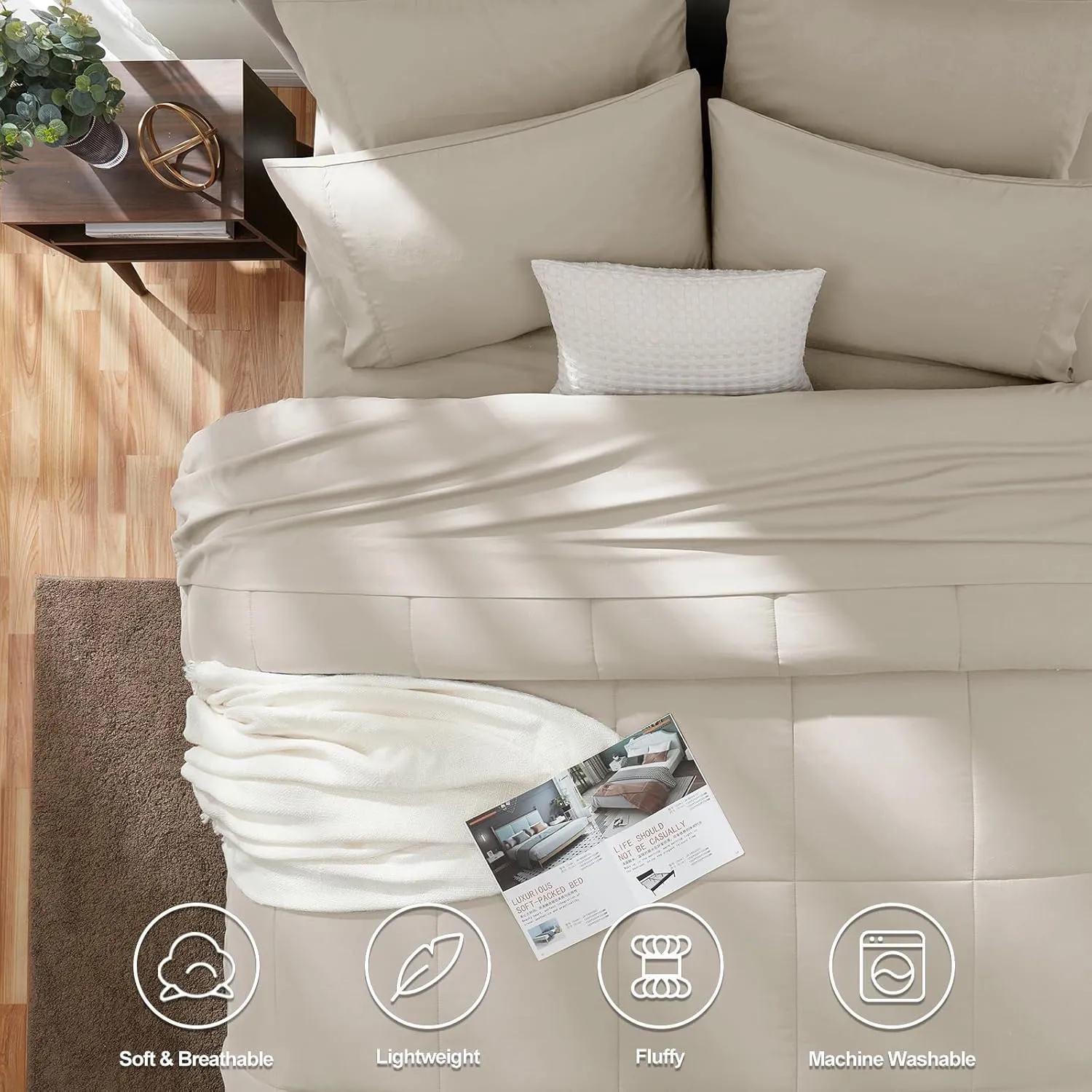 CozyLux King Size Comforter Set Beige, 7 Pieces Bed in a Bag, Beige Comforter King Size, All Season Bedding Sets with Stitch Quilted Comforter, Flat Sheet, Fitted Sheet, Pillowcases
