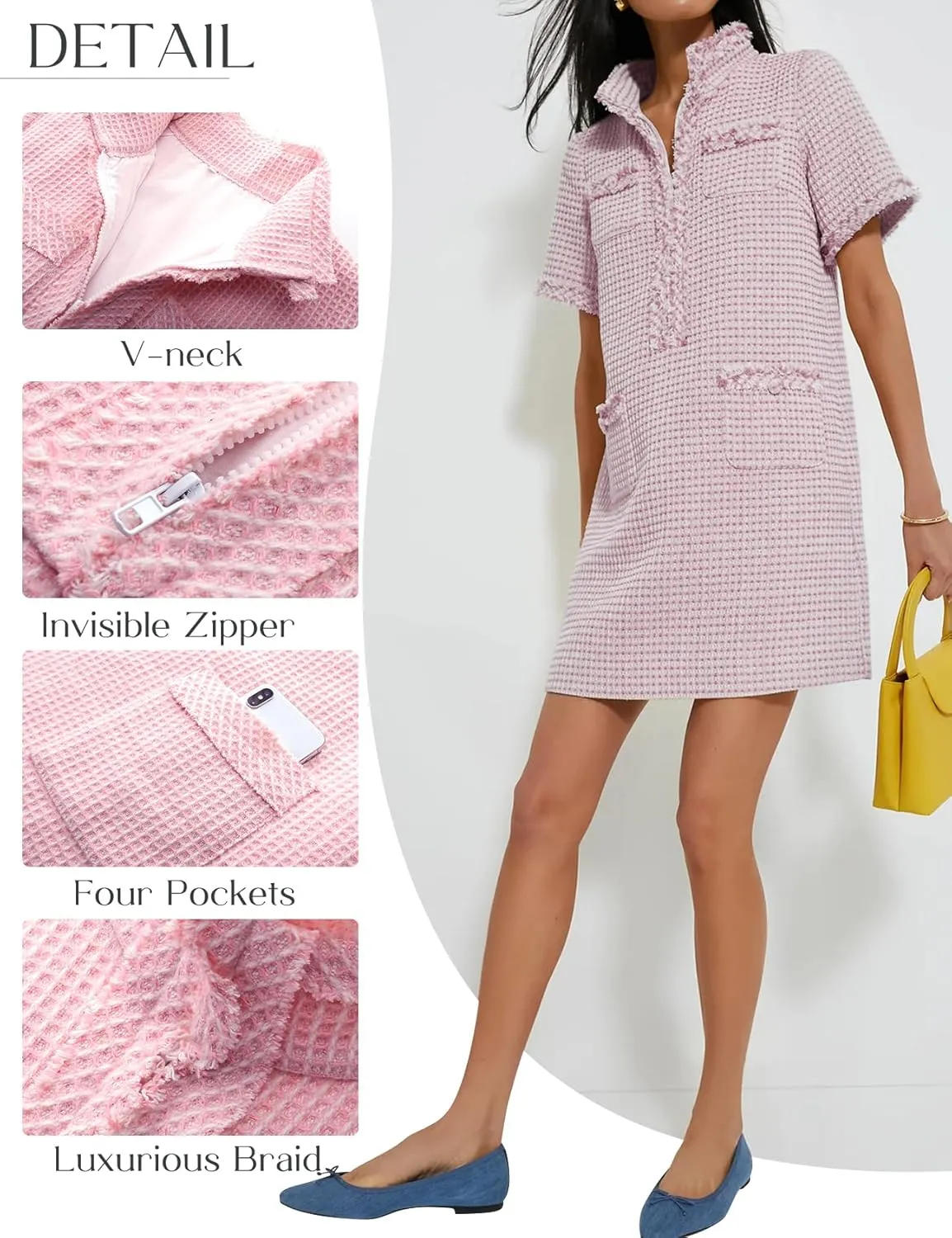 COZYPOIN Womens Tweed Mini Dress Elegant Front Half Zipper Short Sleeve Casual Work Straight Tube Dress with Pockets