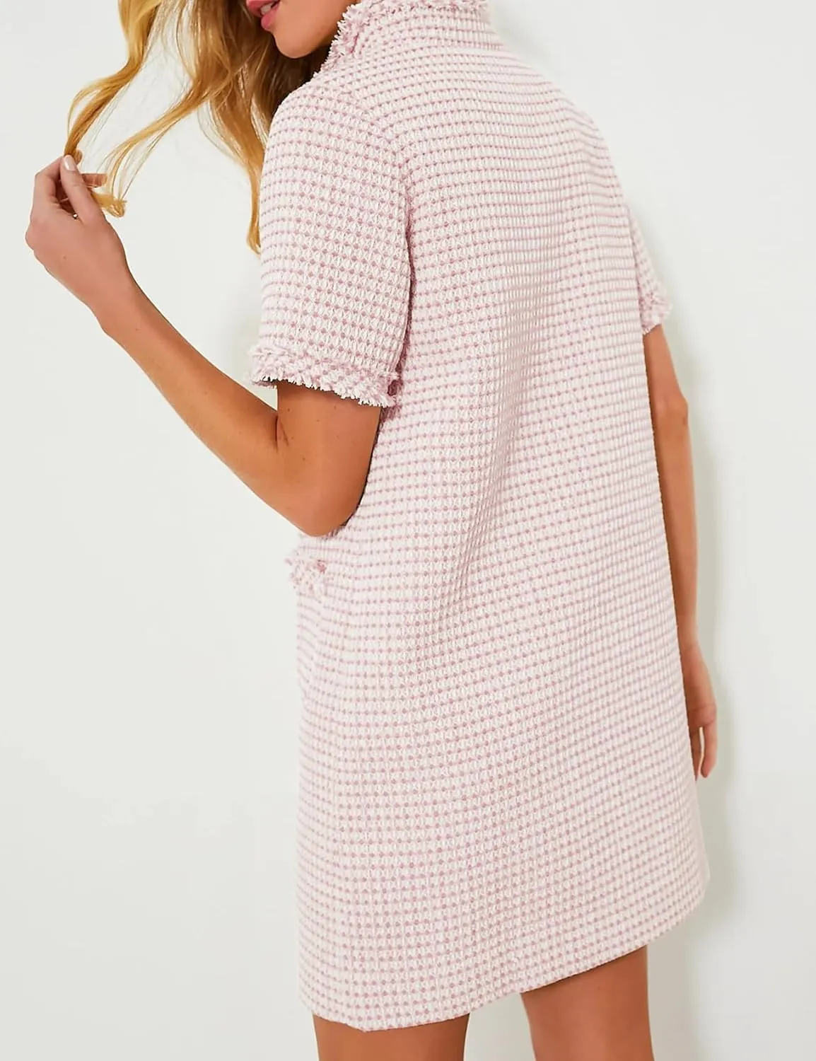 COZYPOIN Womens Tweed Mini Dress Elegant Front Half Zipper Short Sleeve Casual Work Straight Tube Dress with Pockets
