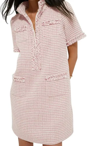 COZYPOIN Womens Tweed Mini Dress Elegant Front Half Zipper Short Sleeve Casual Work Straight Tube Dress with Pockets