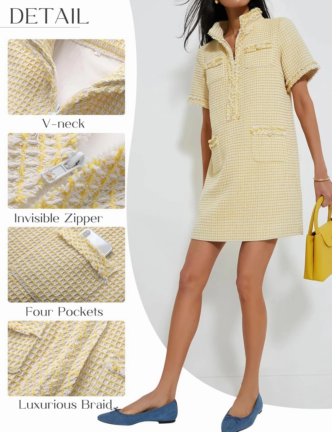 COZYPOIN Womens Tweed Mini Dress Elegant Front Half Zipper Short Sleeve Casual Work Straight Tube Dress with Pockets