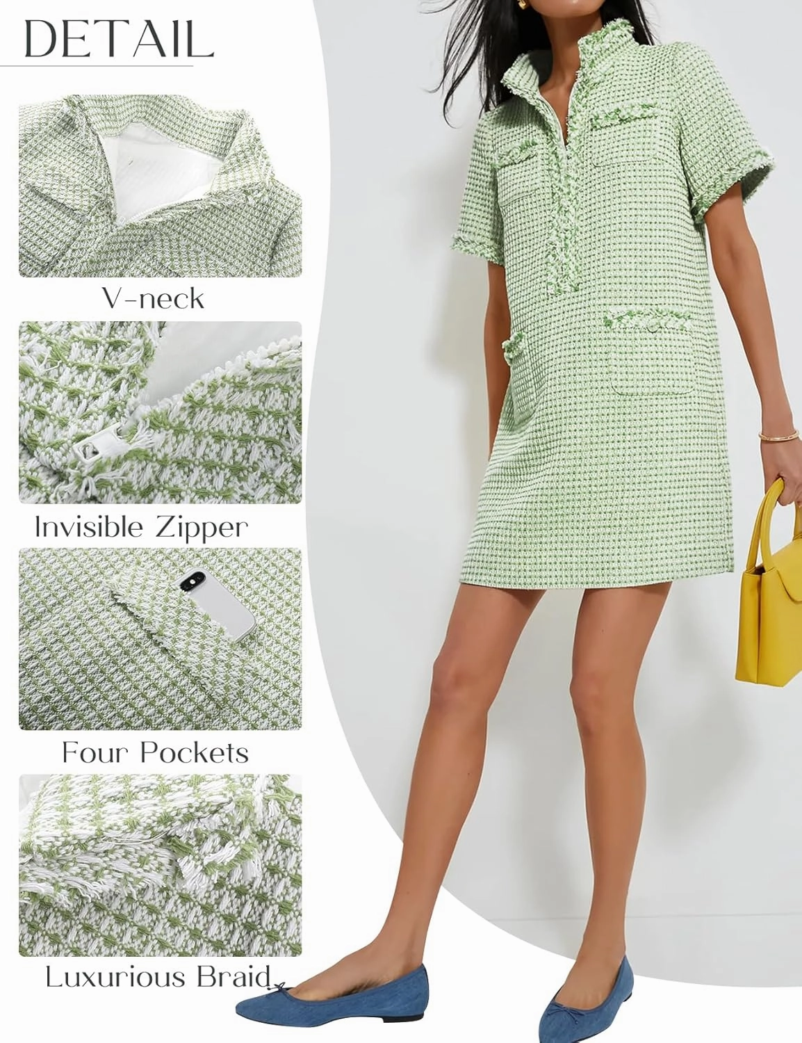 COZYPOIN Womens Tweed Mini Dress Elegant Front Half Zipper Short Sleeve Casual Work Straight Tube Dress with Pockets