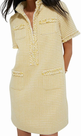 COZYPOIN Womens Tweed Mini Dress Elegant Front Half Zipper Short Sleeve Casual Work Straight Tube Dress with Pockets