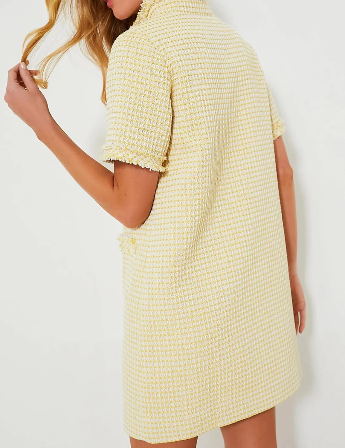 COZYPOIN Womens Tweed Mini Dress Elegant Front Half Zipper Short Sleeve Casual Work Straight Tube Dress with Pockets
