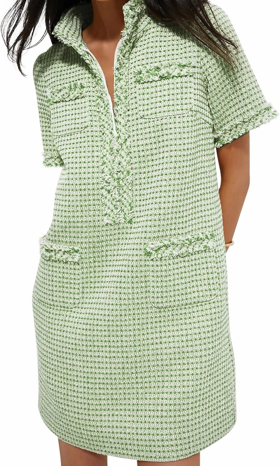 COZYPOIN Womens Tweed Mini Dress Elegant Front Half Zipper Short Sleeve Casual Work Straight Tube Dress with Pockets