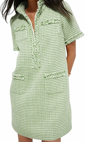 COZYPOIN Womens Tweed Mini Dress Elegant Front Half Zipper Short Sleeve Casual Work Straight Tube Dress with Pockets