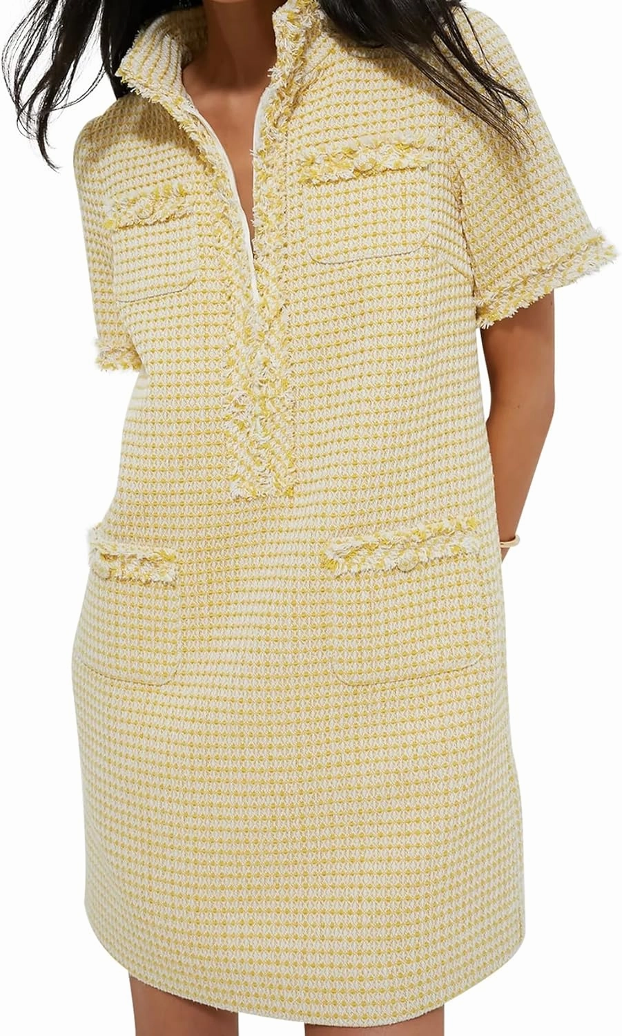 COZYPOIN Womens Tweed Mini Dress Elegant Front Half Zipper Short Sleeve Casual Work Straight Tube Dress with Pockets
