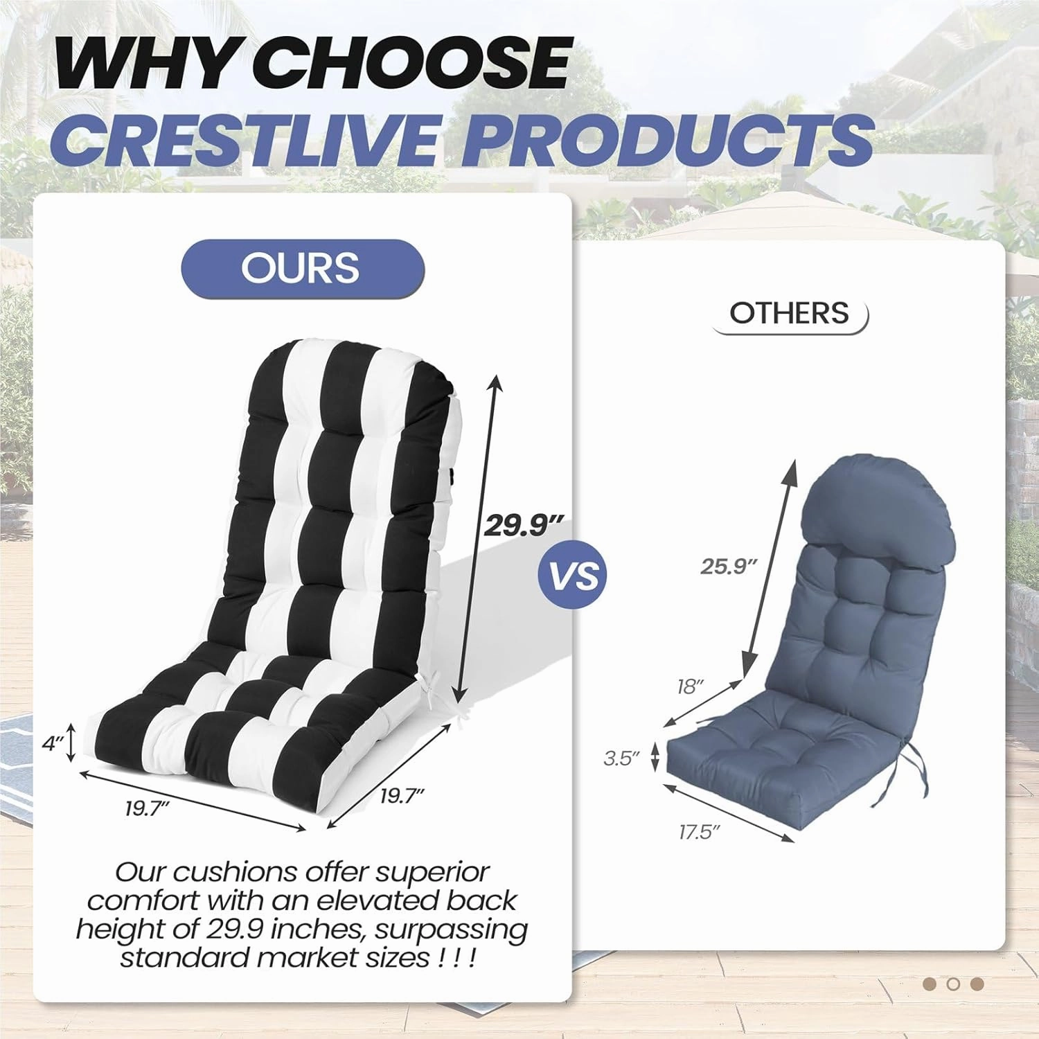 Crestlive Products Adirondack Chair Cushion Outdoor Rocking Chair Cushions Waterproof Fade Resistant 50x20x4 Inch High Back Patio Chair Cushions Set of 2 Thick Patio Replacement Cushion Black Stripe