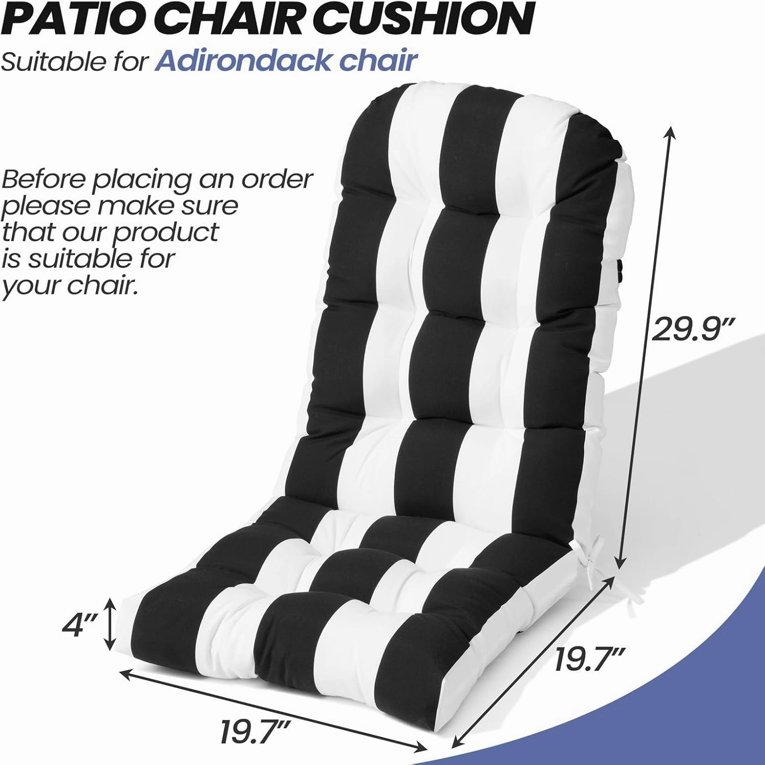 Crestlive Products Adirondack Chair Cushion Outdoor Rocking Chair Cushions Waterproof Fade Resistant 50x20x4 Inch High Back Patio Chair Cushions Set of 2 Thick Patio Replacement Cushion Black Stripe