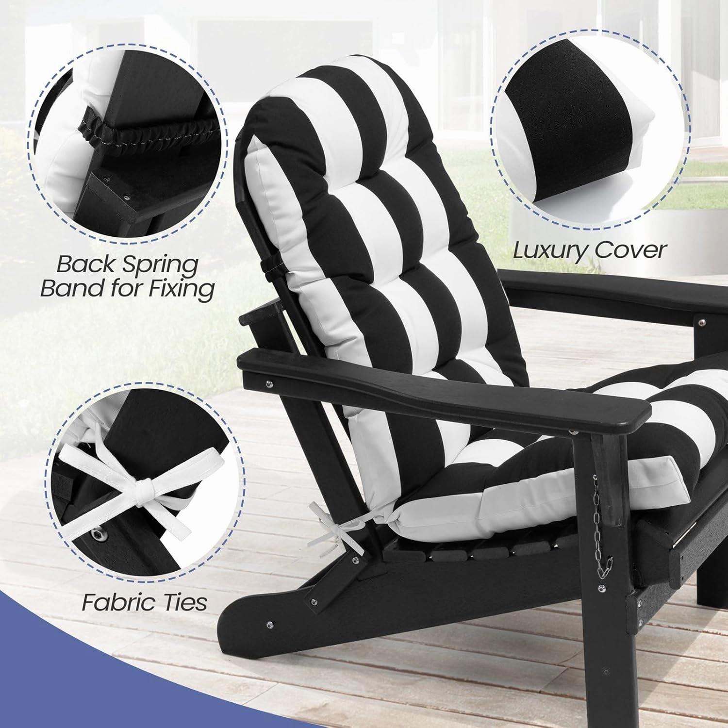 Crestlive Products Adirondack Chair Cushion Outdoor Rocking Chair Cushions Waterproof Fade Resistant 50x20x4 Inch High Back Patio Chair Cushions Set of 2 Thick Patio Replacement Cushion Black Stripe