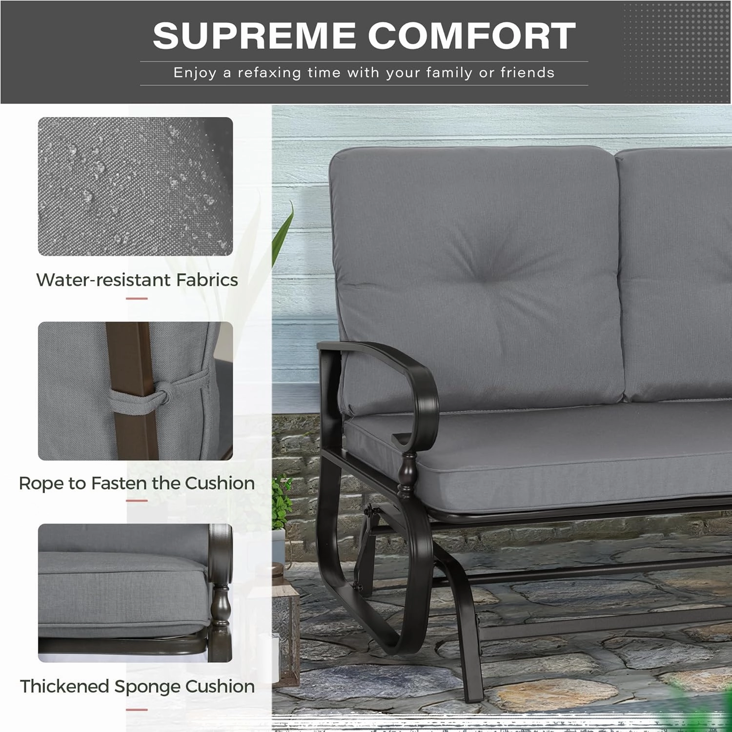 Crownland Outdoor Patio Textilene Glider Chair, Rocking Glider Bench for 2 Person, Porch Loveseat Seating with Cushion, Wrought Iron Patio Gliders for Outside, Porch, Garden(Grey)