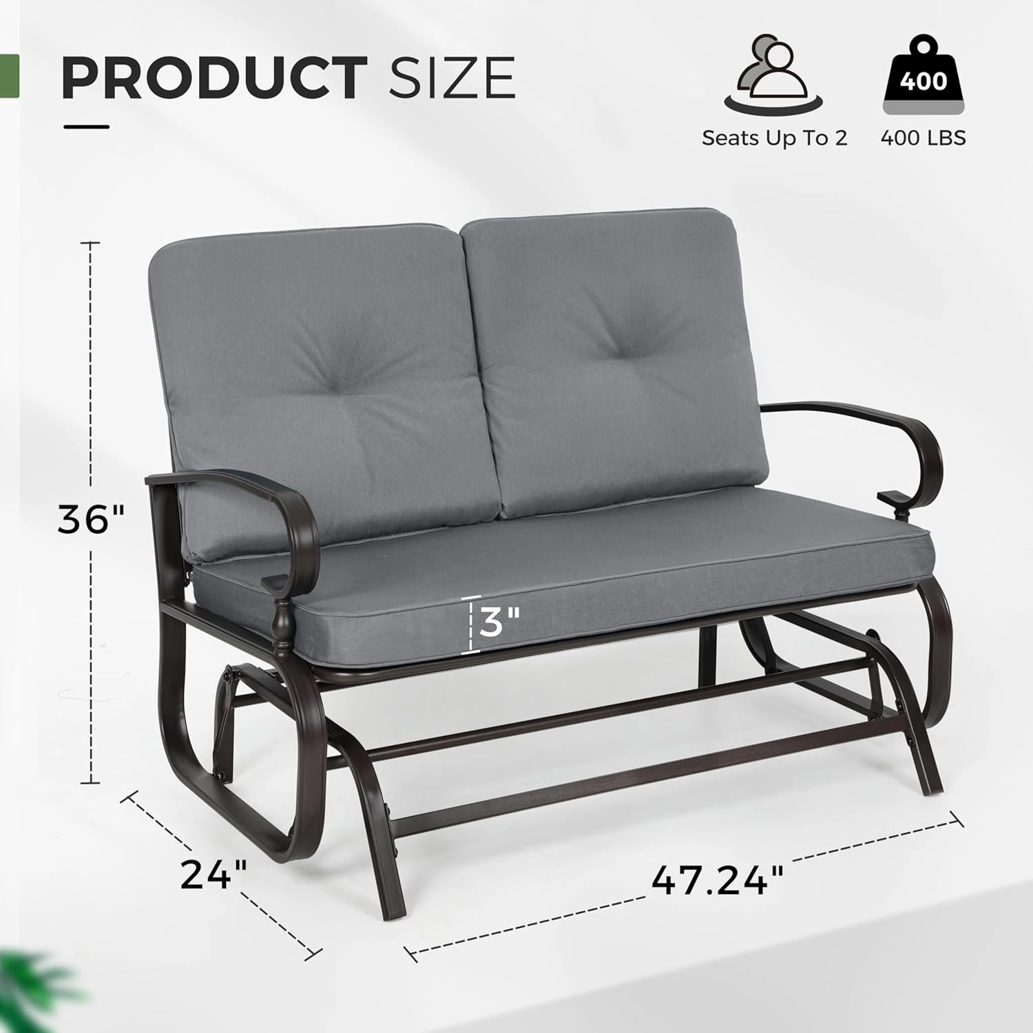 Crownland Outdoor Patio Textilene Glider Chair, Rocking Glider Bench for 2 Person, Porch Loveseat Seating with Cushion, Wrought Iron Patio Gliders for Outside, Porch, Garden(Grey)
