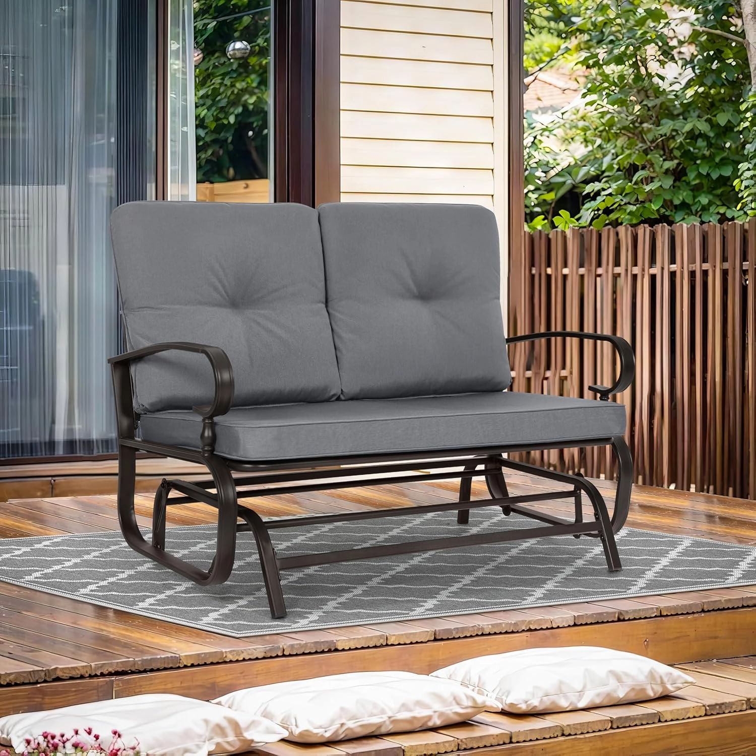 Crownland Outdoor Patio Textilene Glider Chair, Rocking Glider Bench for 2 Person, Porch Loveseat Seating with Cushion, Wrought Iron Patio Gliders for Outside, Porch, Garden(Grey)