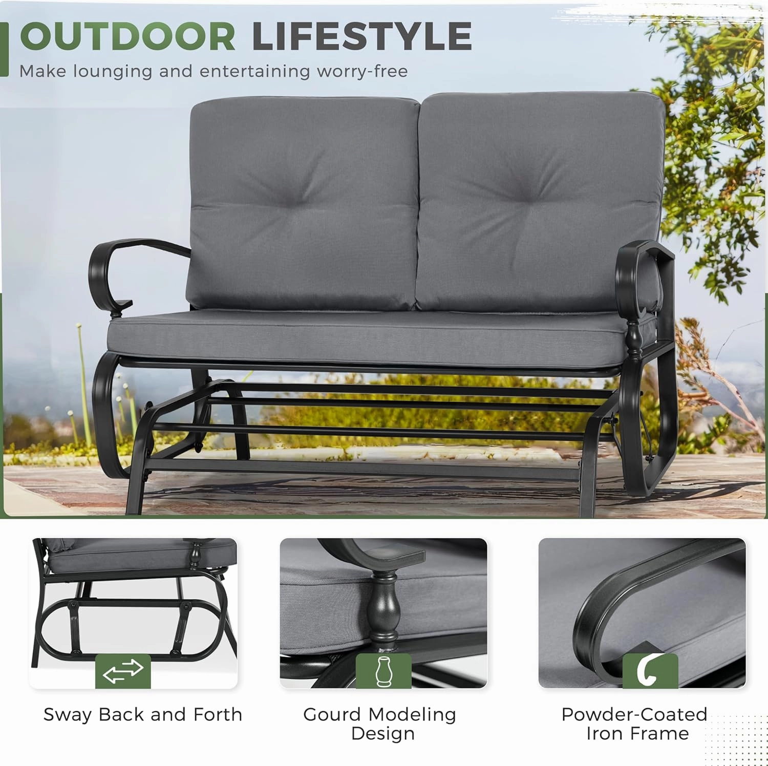 Crownland Outdoor Patio Textilene Glider Chair, Rocking Glider Bench for 2 Person, Porch Loveseat Seating with Cushion, Wrought Iron Patio Gliders for Outside, Porch, Garden(Grey)