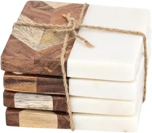 Cruiser’s Caché | Calacatta Marble and Wood Coaster Set | Set of 4 Drink Coasters | White Calacatta Marble with Wood Chevron