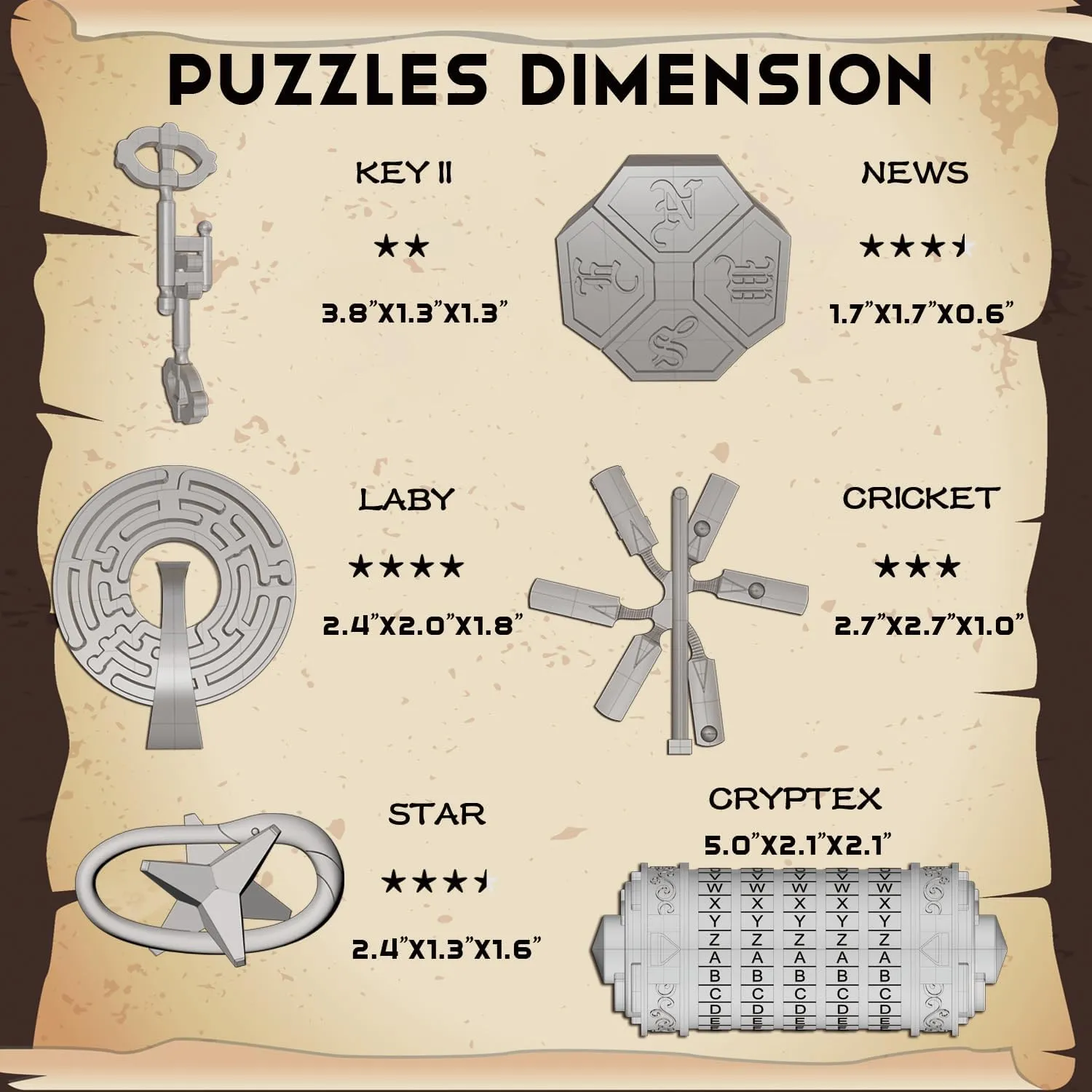 Cryptex Metal Puzzle Box Set - 6PCS 3D Brain Teasers for Adults & Teens, Interlocking Lock Mechanism IQ Challenge, Mechanical Decryption Device (Classic Style)