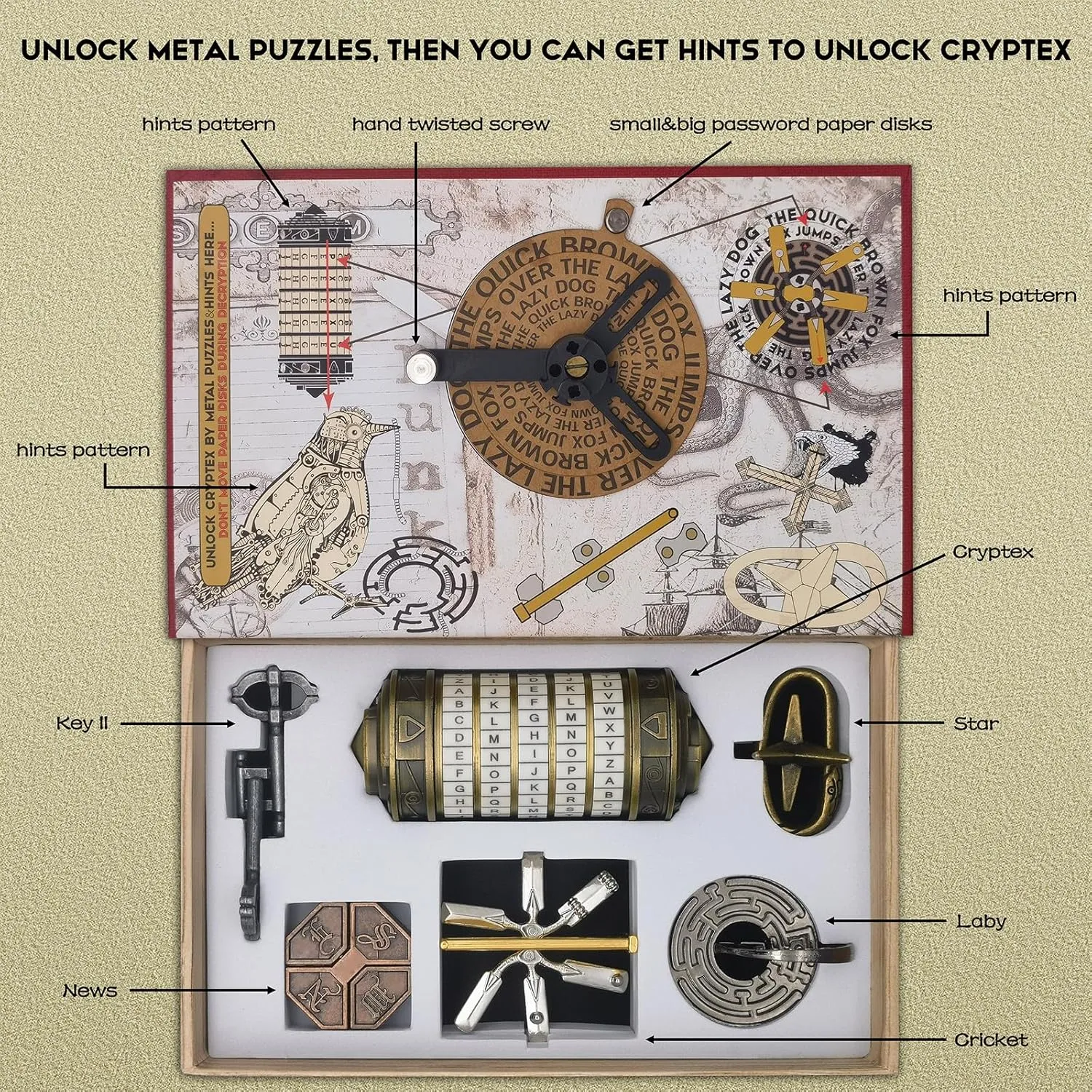 Cryptex Metal Puzzle Box Set - 6PCS 3D Brain Teasers for Adults & Teens, Interlocking Lock Mechanism IQ Challenge, Mechanical Decryption Device (Classic Style)