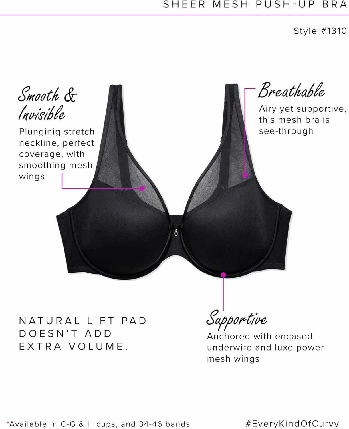 Curvy Couture Women's Plus Size Sheer Mesh T-Shirt Bra – Deep Plunge & Full Coverage Fit