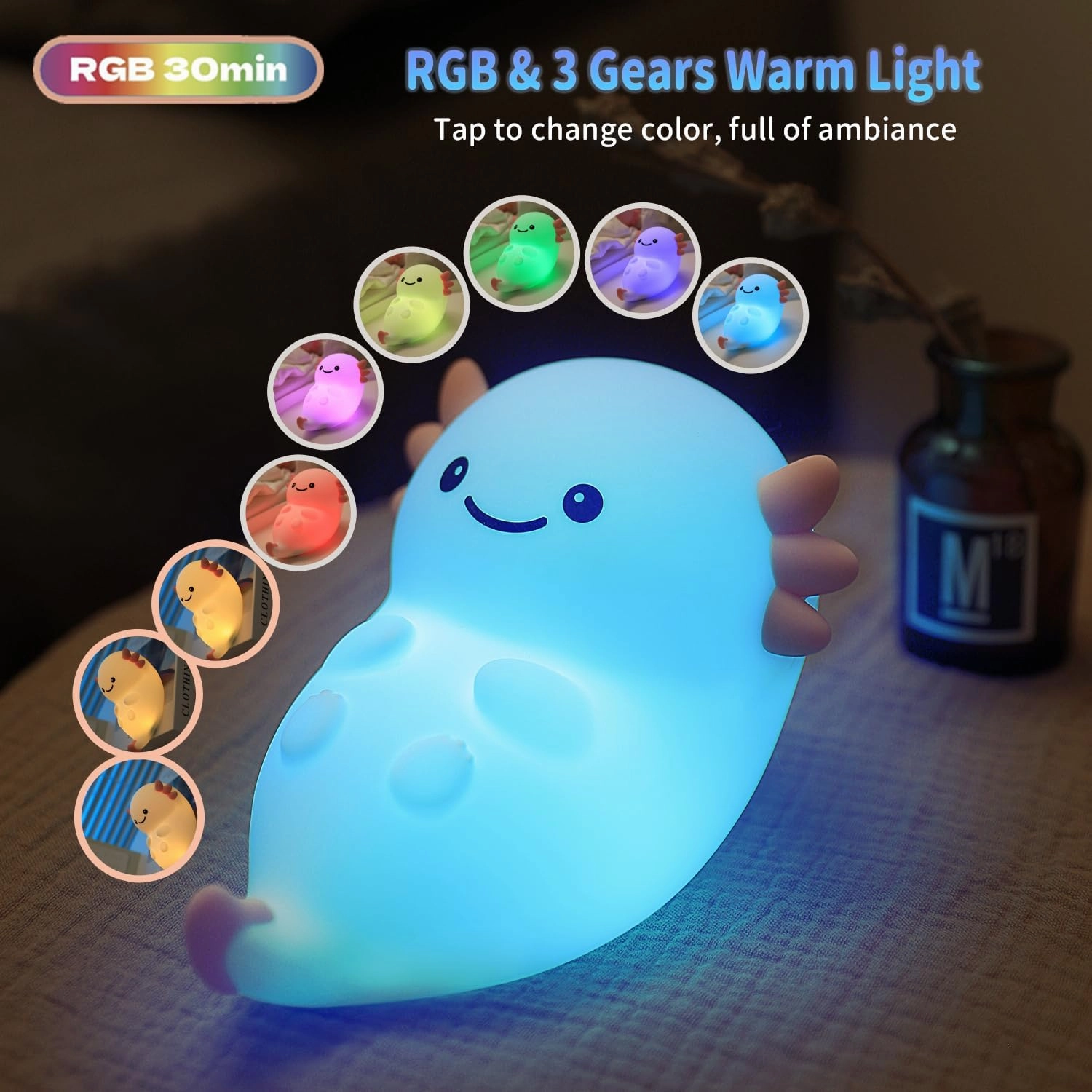 Cute Axolotl Night Light, Dimmable Nursery Lamps, Super Squishy Silicone Timer USB Rechargeable Touch Control RGB Night Lamp for Kids Adults, Used for Camping Party Room Decor (Axolotl)