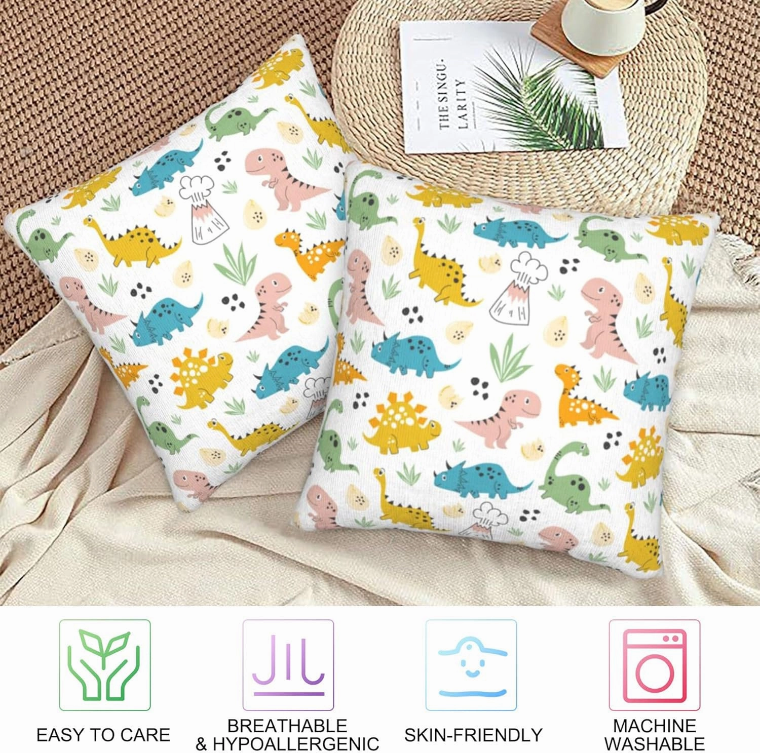 Cute Dinosaurs Pillow Covers 18X18 inch Set of 2 Funny Dinosaur Throw Pillow Covers Abstract Art Outdoors Decorative Cushion Case for Bed Couch Sofa Home