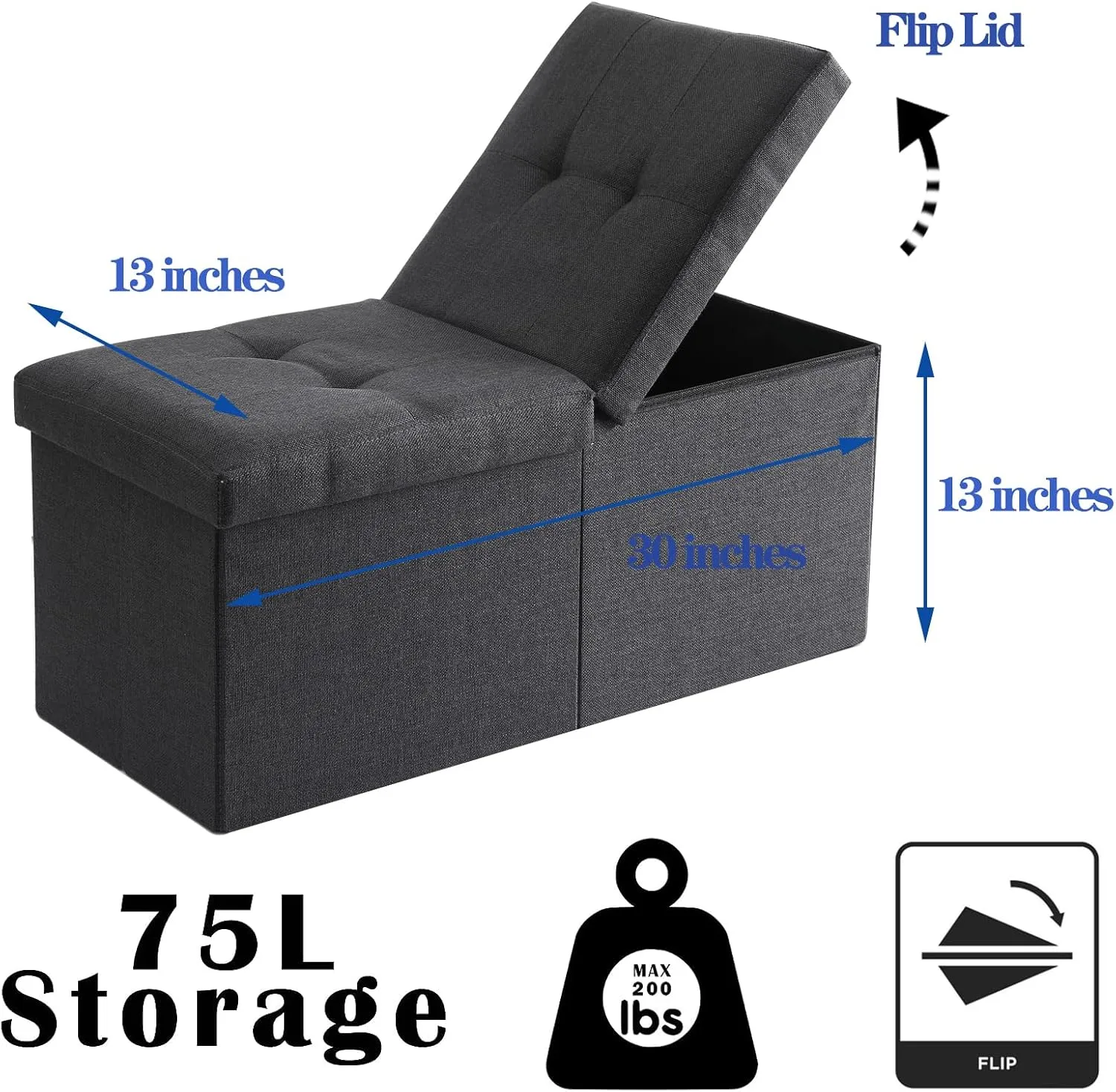 CUYOCA Storage Ottoman Bench Foldable Seat Footrest Shoe Bench End of Bed Storage with Flipping Lid, 75L Storage Space, 30 inches Linen Fabric Black