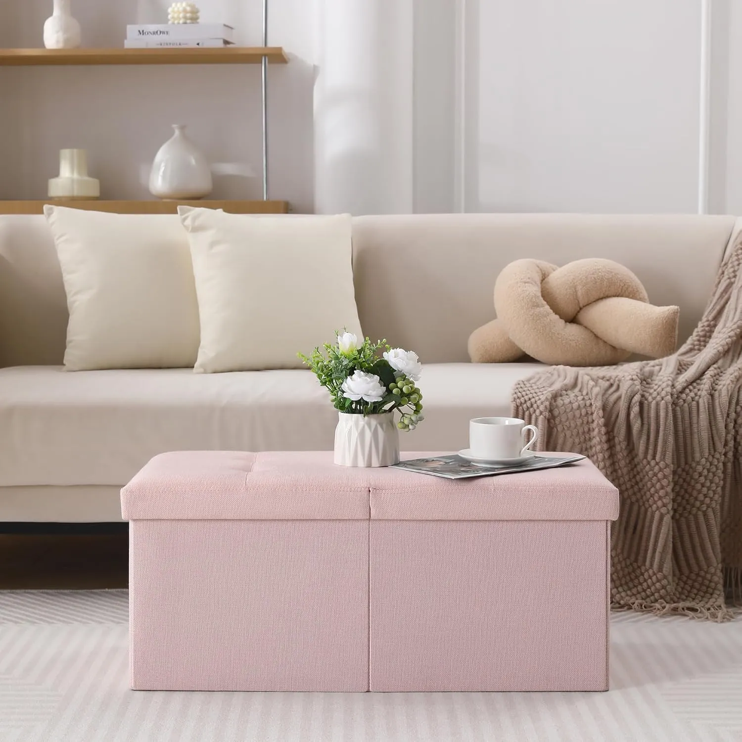 CUYOCA Storage Ottoman Bench Foldable Seat Footrest Shoe Bench End of Bed Storage with Flipping Lid, 75L Storage Space, 30 inches Linen Fabric Pink, OT026PK