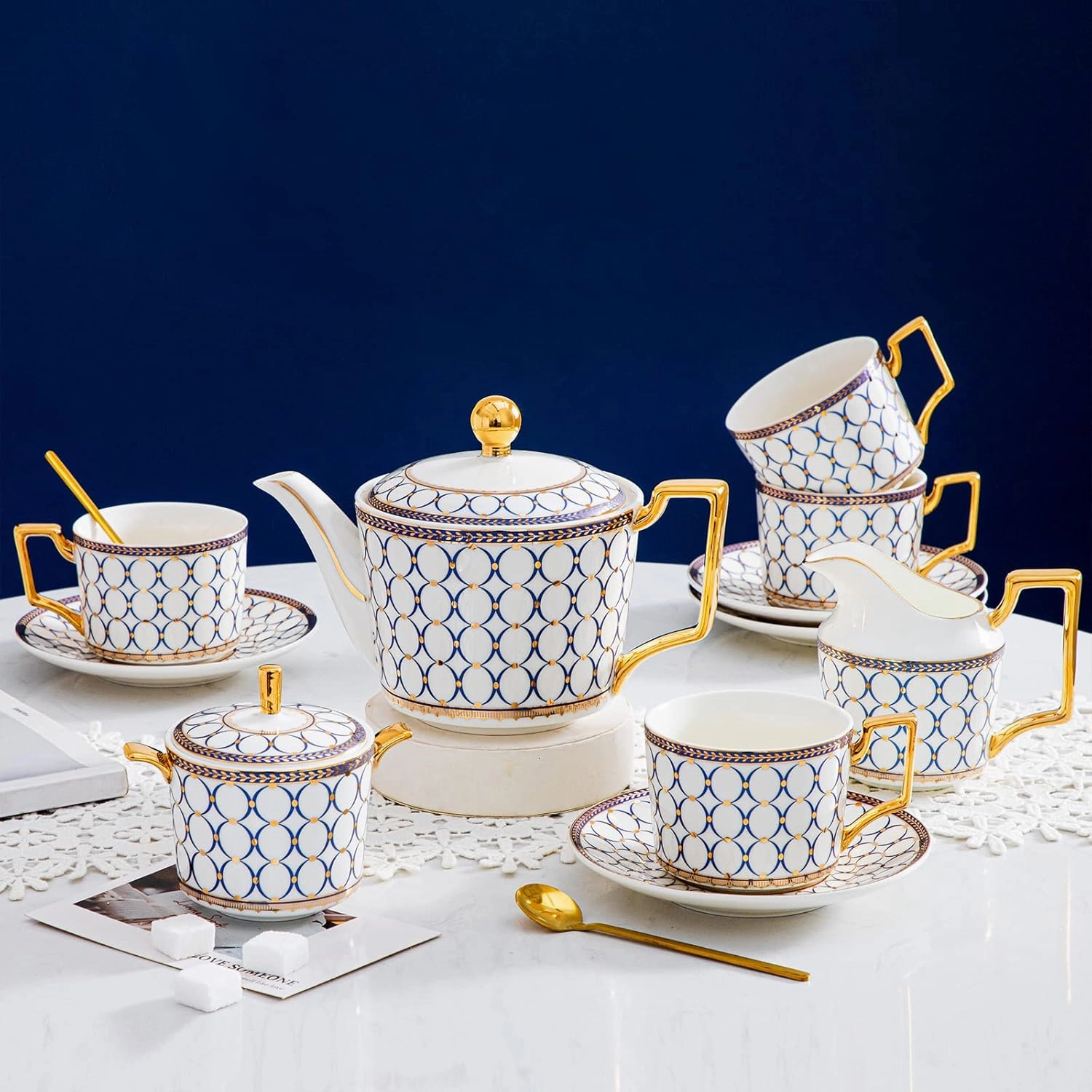 CwlwGO-15 Pieces Porcelain Tea Service Set for 4, Bone China Coffee Tea Sets,Tea Cup Set with Teapot, Sugar Bowl, Creamer Pitcher And Gifts Box, Britain Tea Cups and Saucer Sets For Women,Adults.