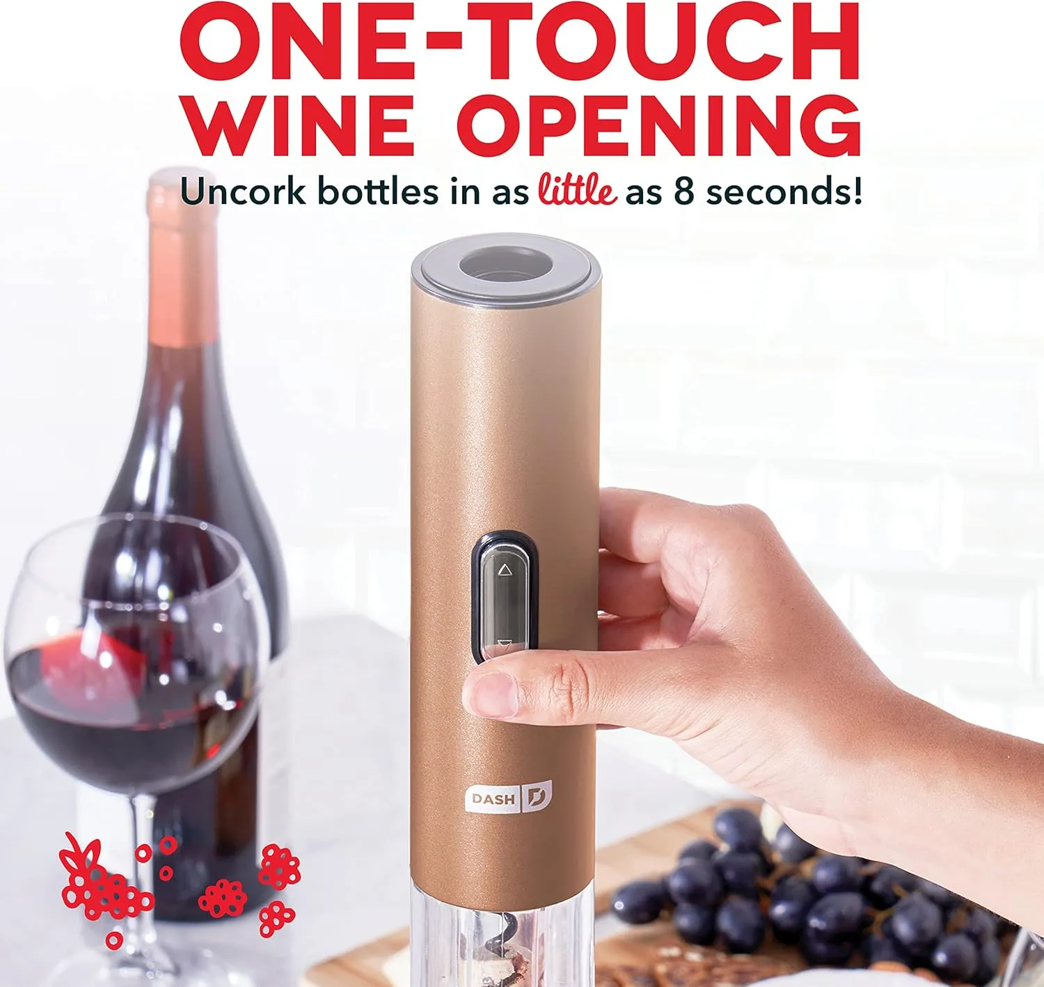 Dash Serve & Preserve Wine Set – Rechargeable Electric Wine Preservation System – Wine Bottle Opener, Vacuum Sealer, 2 Reusable Caps   Charging Base – Rose Gold