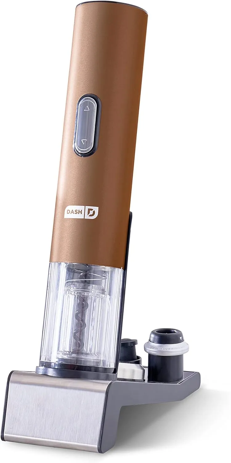 Dash Serve & Preserve Wine Set – Rechargeable Electric Wine Preservation System – Wine Bottle Opener, Vacuum Sealer, 2 Reusable Caps   Charging Base – Rose Gold