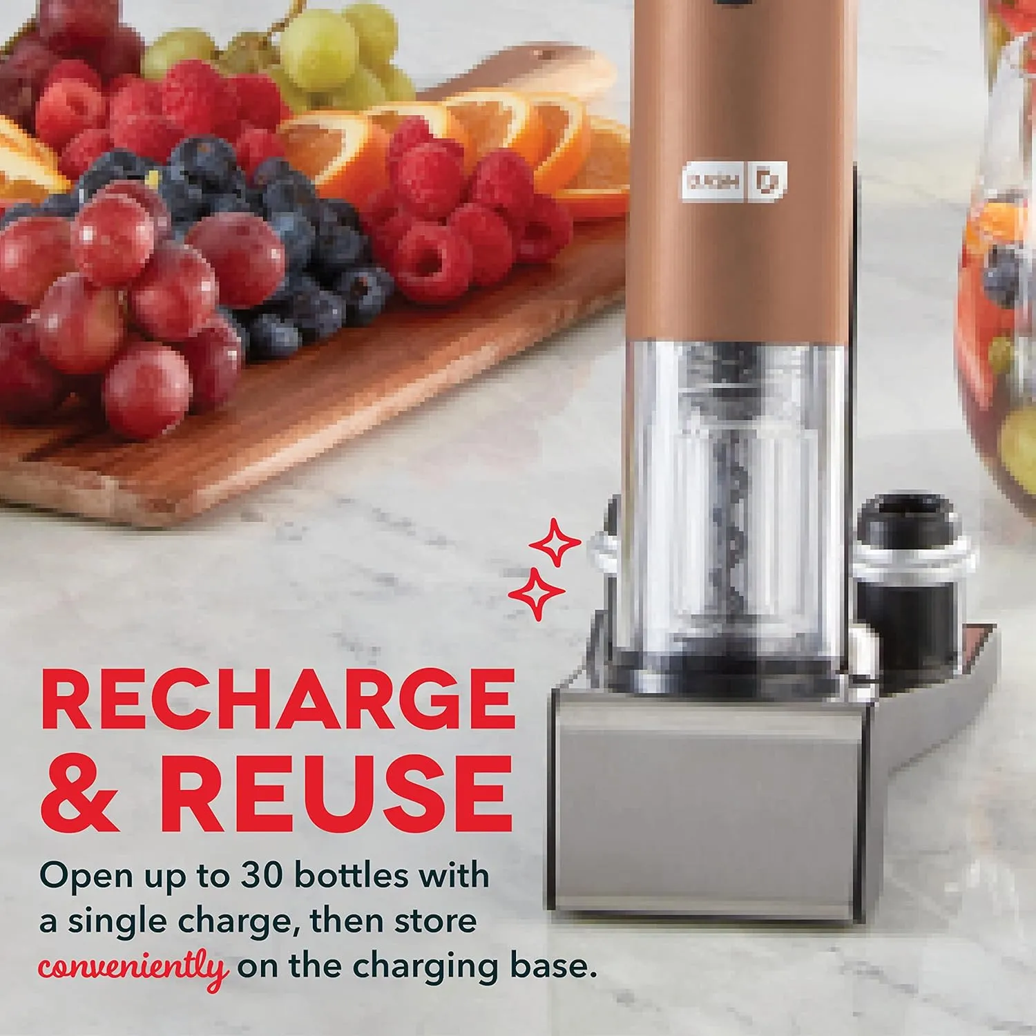 Dash Serve & Preserve Wine Set – Rechargeable Electric Wine Preservation System – Wine Bottle Opener, Vacuum Sealer, 2 Reusable Caps   Charging Base – Rose Gold