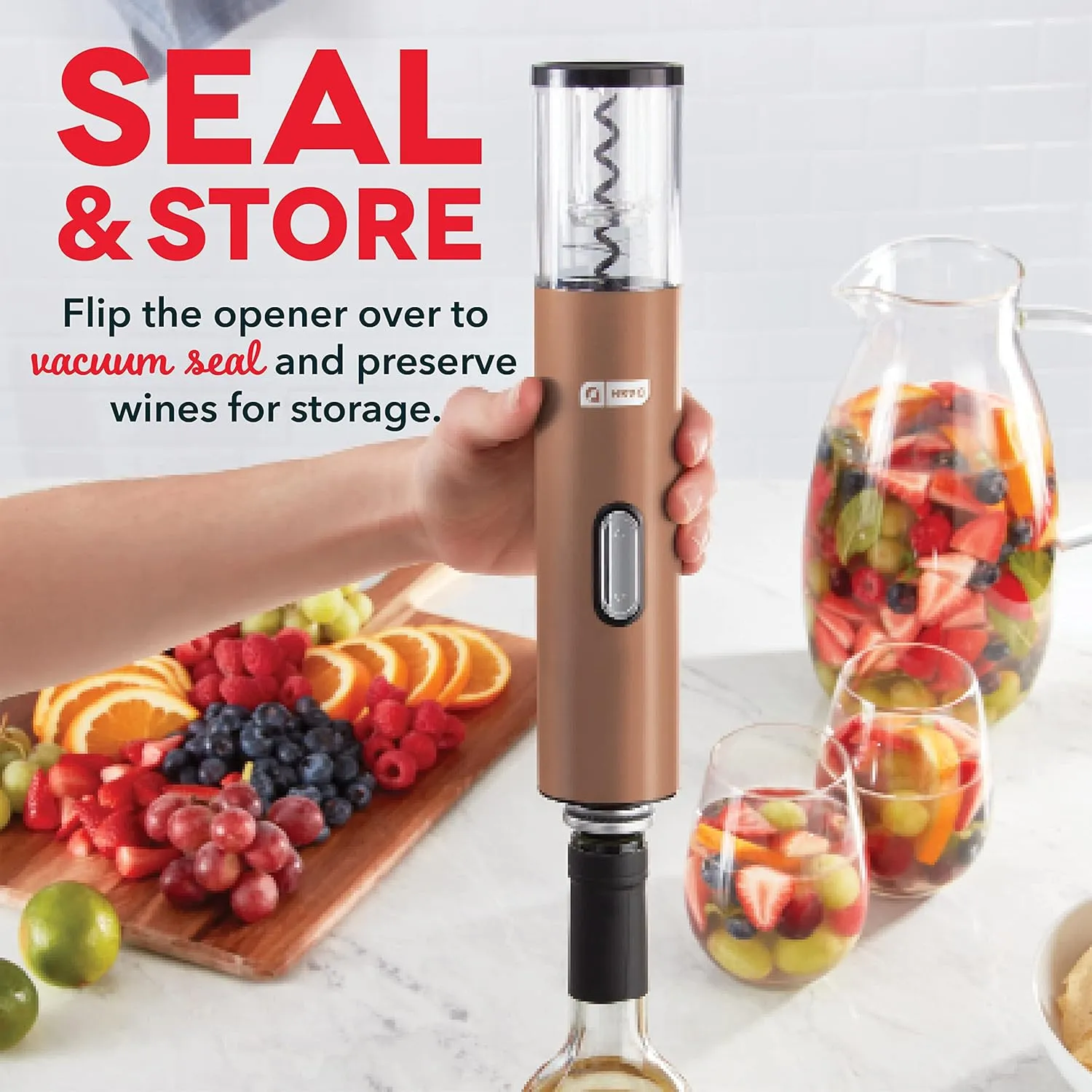 Dash Serve & Preserve Wine Set – Rechargeable Electric Wine Preservation System – Wine Bottle Opener, Vacuum Sealer, 2 Reusable Caps   Charging Base – Rose Gold