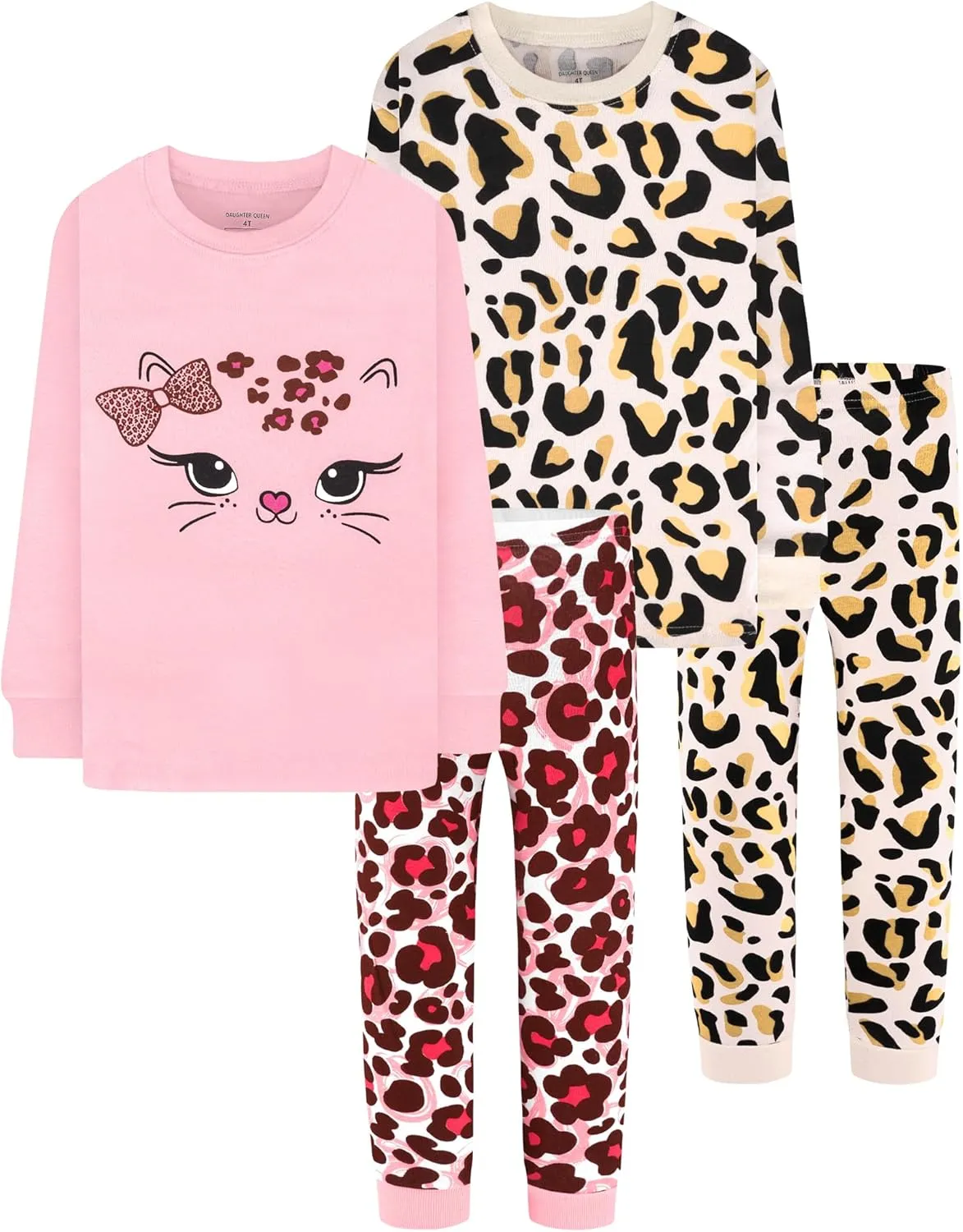 DAUGHTER QUEEN Girls 4 Pieces Cotton Pajamas Size 18 Months-12 Years