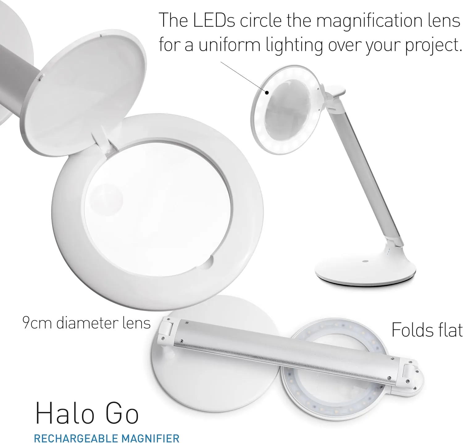 daylight Company Halo Go Magnifier Lamp, Rechargeable USB, Portable, Lightweight, Desk Lamp Reading, Hobbies, Sewing, Crafts, Nail Salon, Handcrafts and More, Colour Temperature: 6,000 K, White