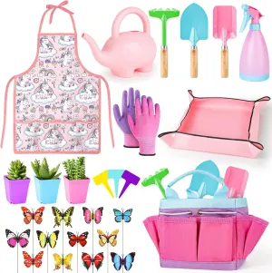 deAO Kids Gardening Set, Garden Tool for Toddlers, Gardening Kit Include Safe Shovel Rake Fork Gloves Apron Watering Can and Tote Bag, Outdoor Toys Gift for Boys Girls