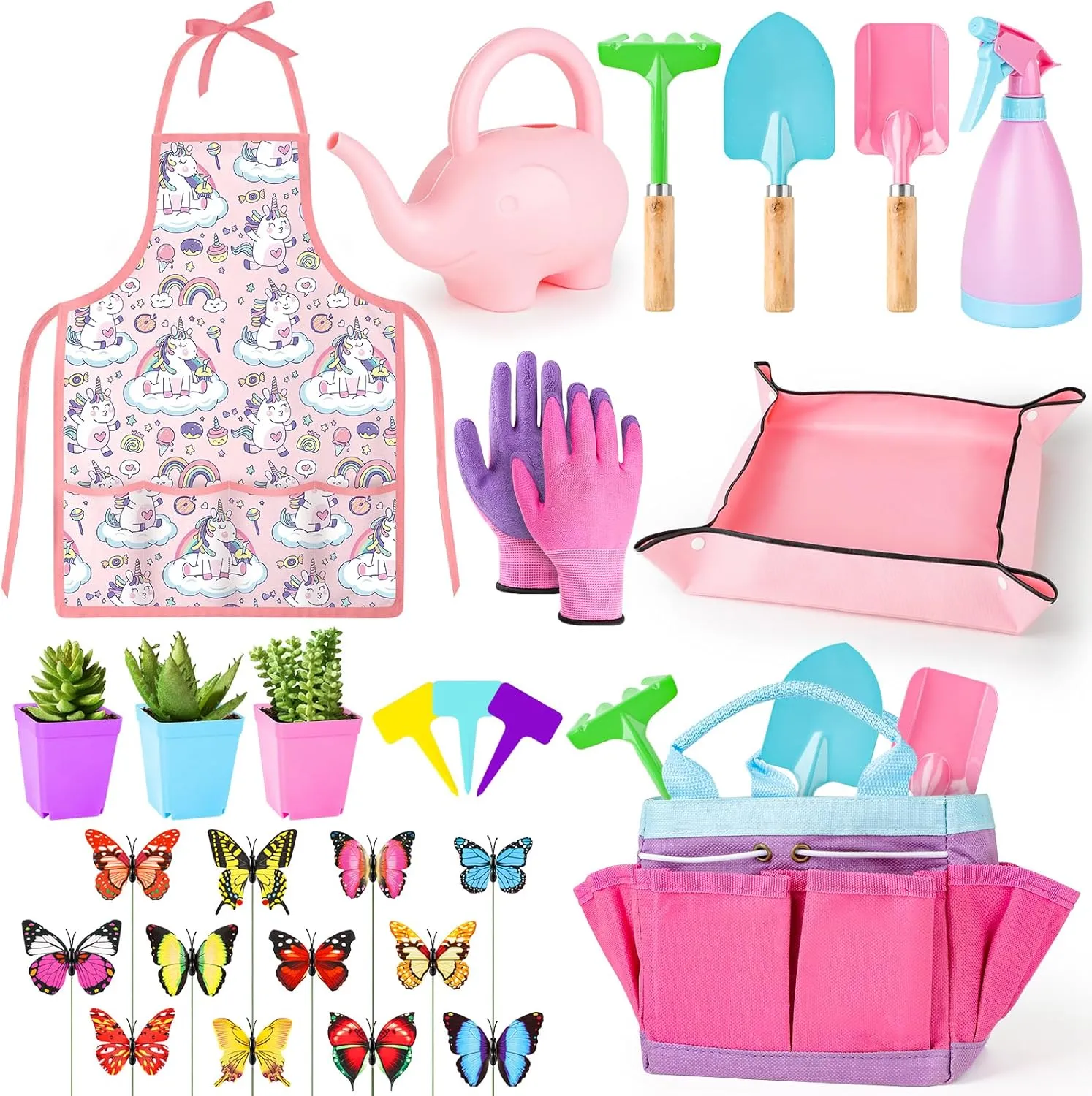 deAO Kids Gardening Set, Garden Tool for Toddlers, Gardening Kit Include Safe Shovel Rake Fork Gloves Apron Watering Can and Tote Bag, Outdoor Toys Gift for Boys Girls