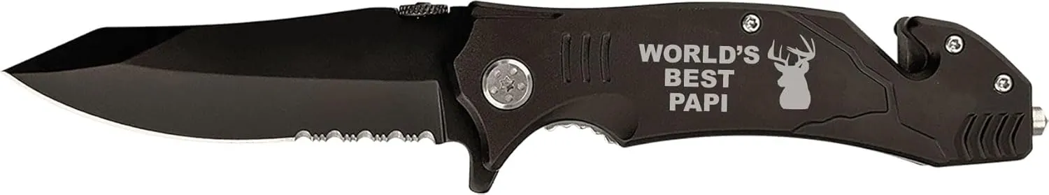 Deer Hunting World's Best PAPI 4 1/2" Folding Pocket Knife, Rescue Multi-Function Car Glass Breaking Stainless Steel Seat Belt Cutter Knife, Black