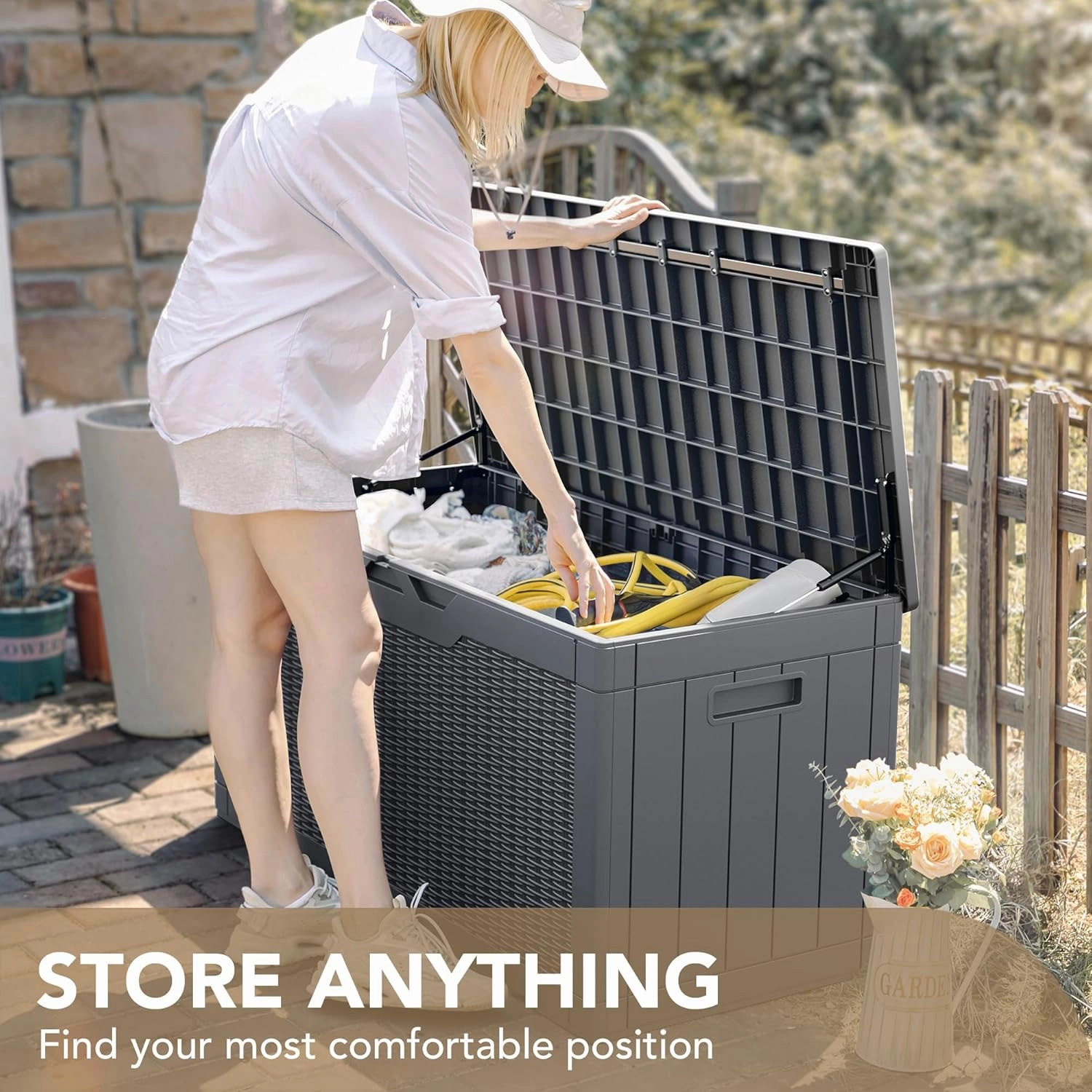 Devoko 100 Gallon Waterproof Large Resin Deck Box Indoor Outdoor Lockable Storage Container for Patio Furniture Cushions Garden Tools (100 Gallon, Grey)