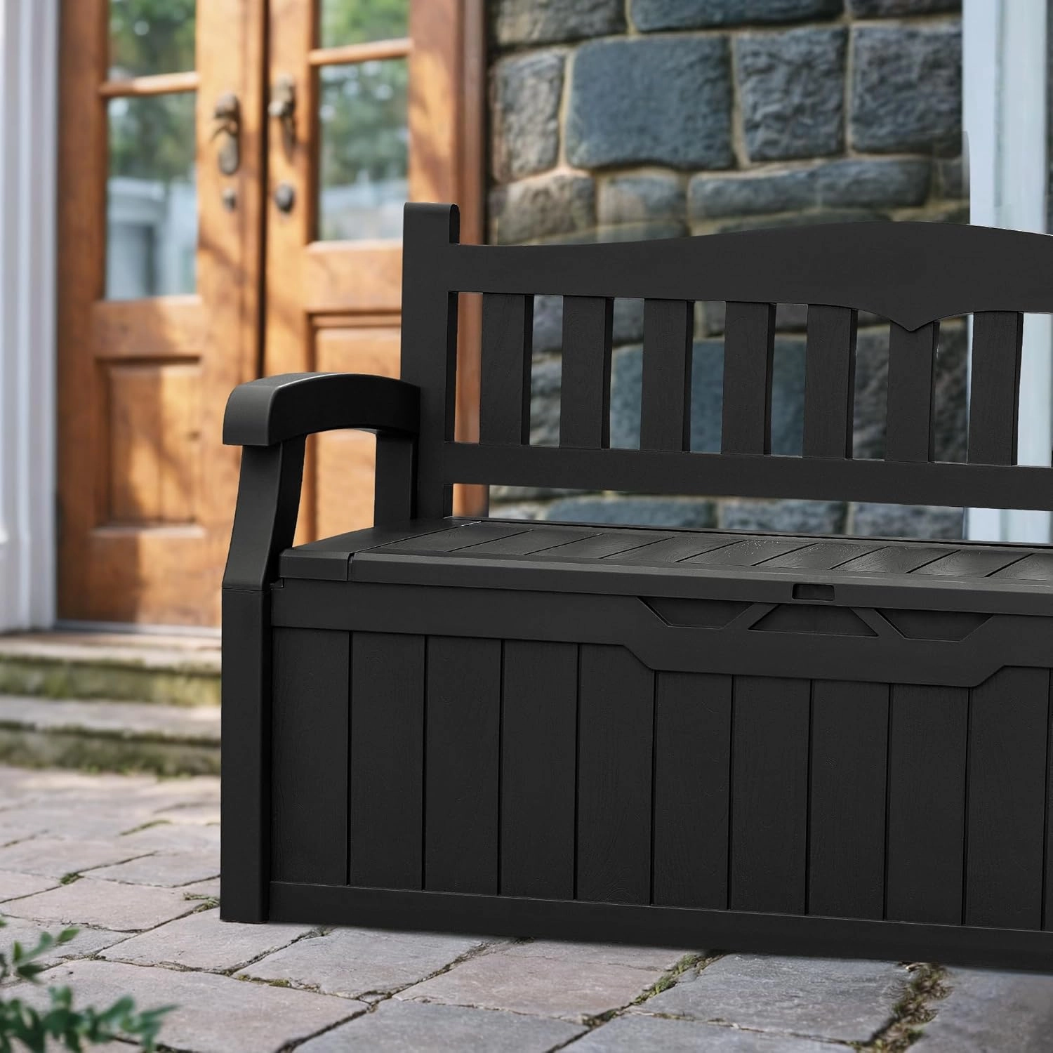 Devoko 80 Gallon Storage Bench Deck Box Lockable for Patio Furniture, Garden Decor and Outdoor Seating for Cushions, Garden Tools and Pool Supplies (Black)
