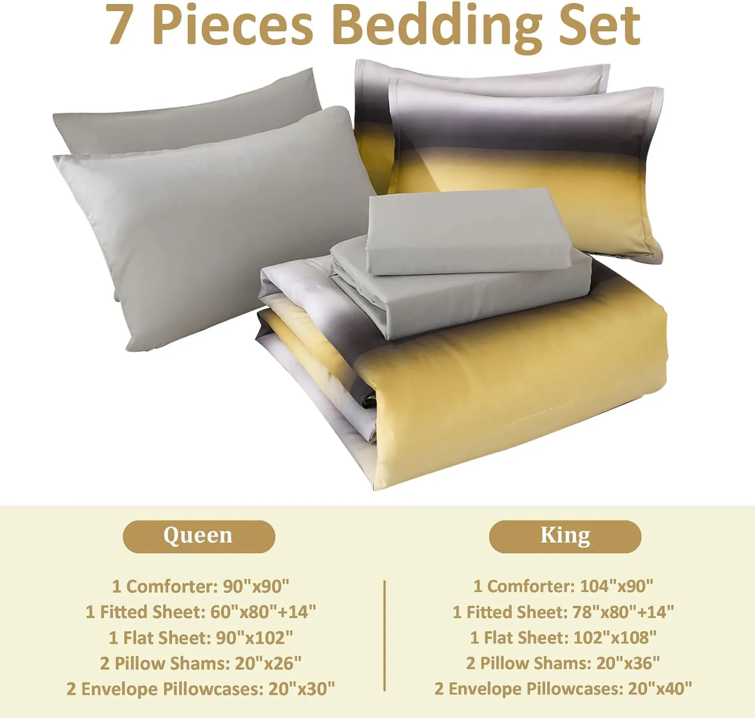 Dinjoy Boho Striped Ombre Yellow Comforter Set King Size Gradient Yellow Grey Bedding Set for Teen Men Women 7 Pieces Bed in A Bag Bed Set with Comforter, Sheets, Pillowcases & Shams