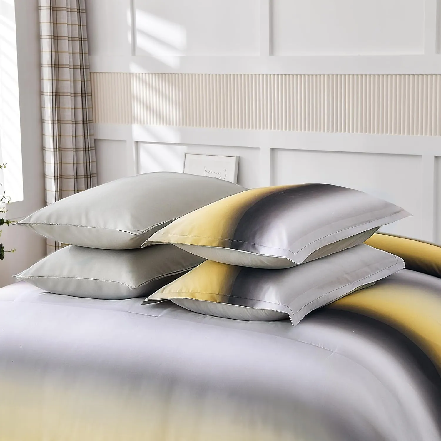 Dinjoy Boho Striped Ombre Yellow Comforter Set King Size Gradient Yellow Grey Bedding Set for Teen Men Women 7 Pieces Bed in A Bag Bed Set with Comforter, Sheets, Pillowcases & Shams